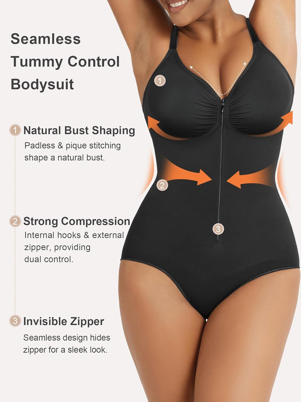 Women'S Shapewear Bodysuit Tummy Control Seamless Zip-Up Body Shaper Waist Defining Body Suit