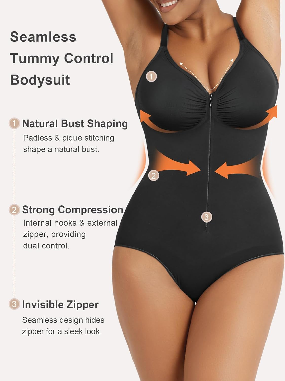 Women'S Shapewear Bodysuit Tummy Control Seamless Zip-Up Body Shaper Waist Defining Body Suit