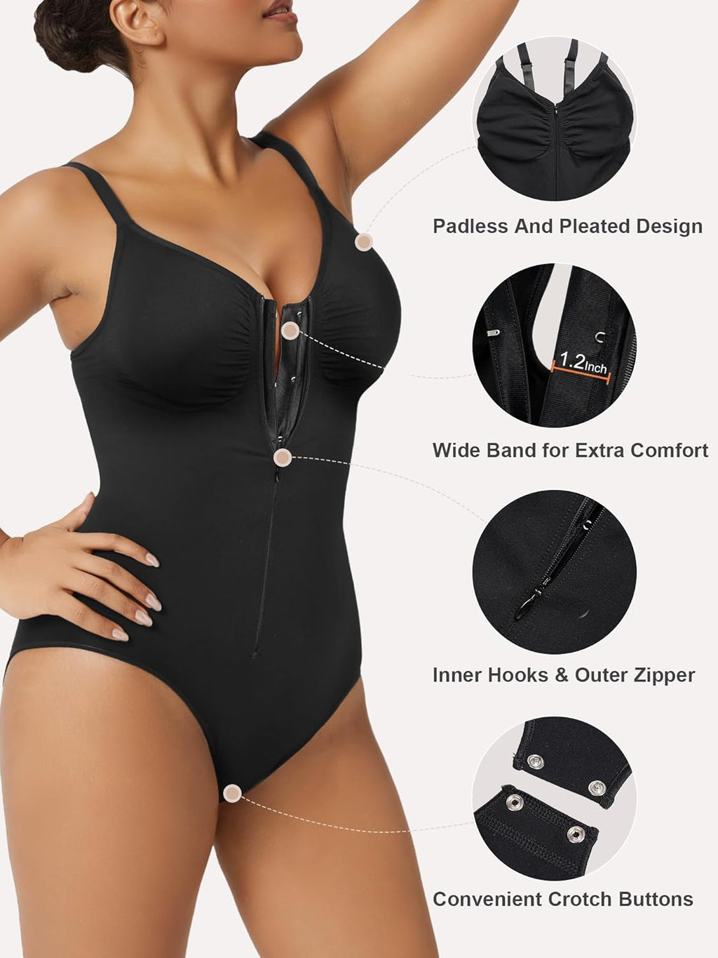 Women'S Shapewear Bodysuit Tummy Control Seamless Zip-Up Body Shaper Waist Defining Body Suit