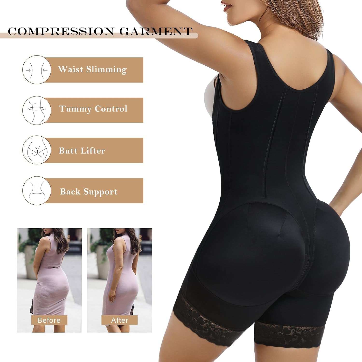 Fajas Colombianas Moldeadoras Shapewear Tummy Control Body Shaper | Postpartum Butt Lifting Compression Garment with Bones,Open Bust Faja with Zipper Crotch
