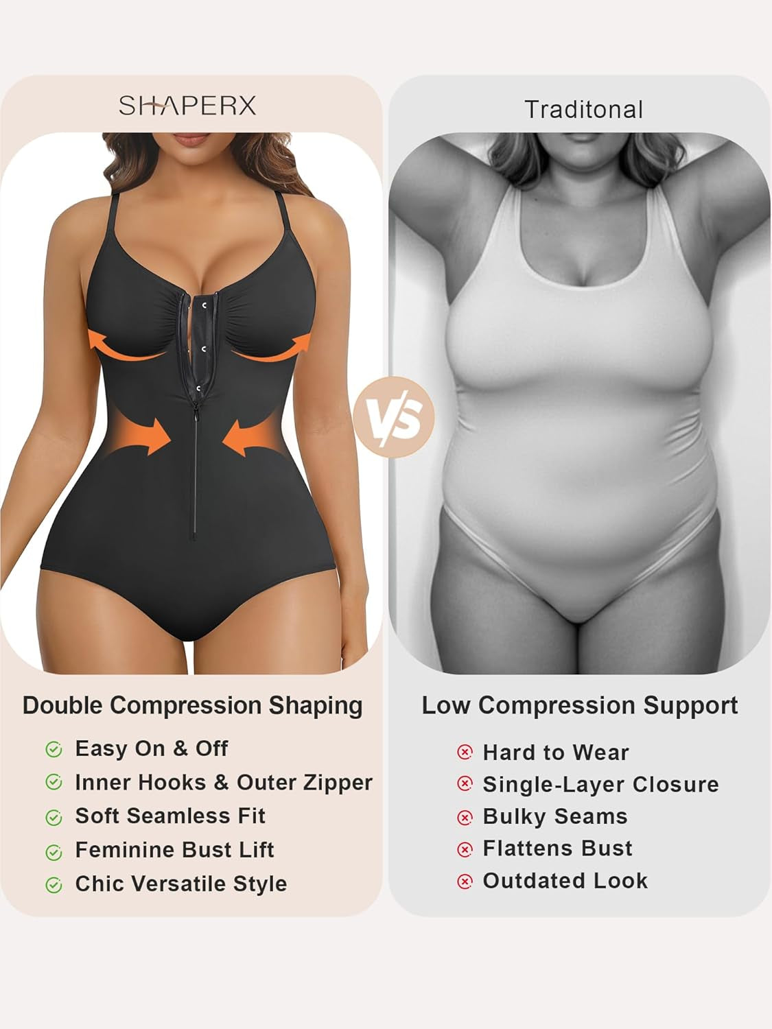 Women'S Shapewear Bodysuit Tummy Control Seamless Zip-Up Body Shaper Waist Defining Body Suit