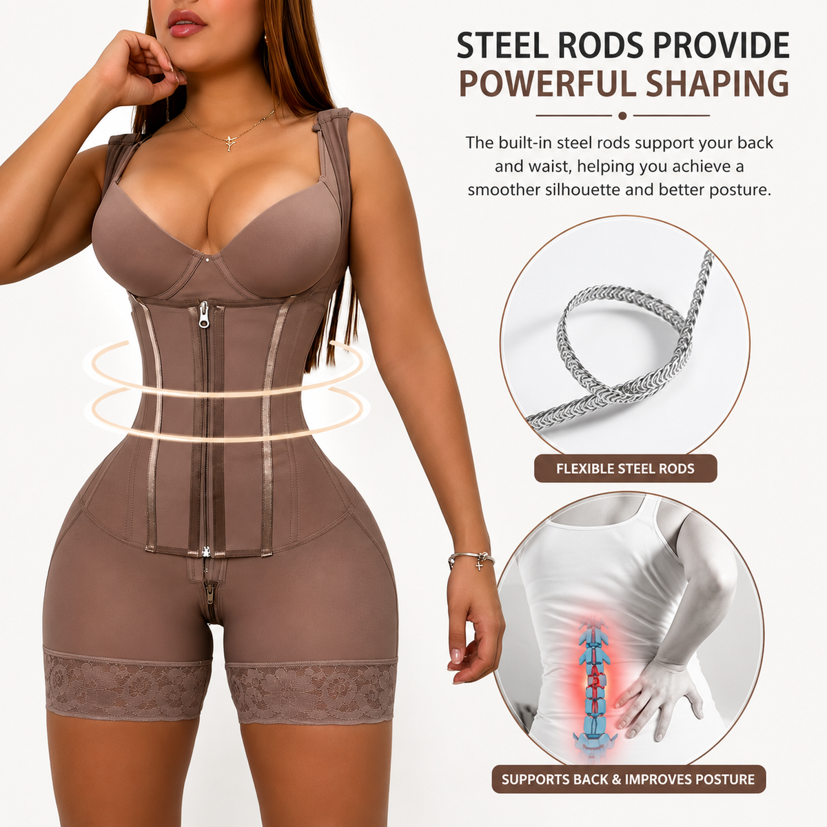 Firm Compression Body Shaper – Front Zipper & Triple Hook Closure