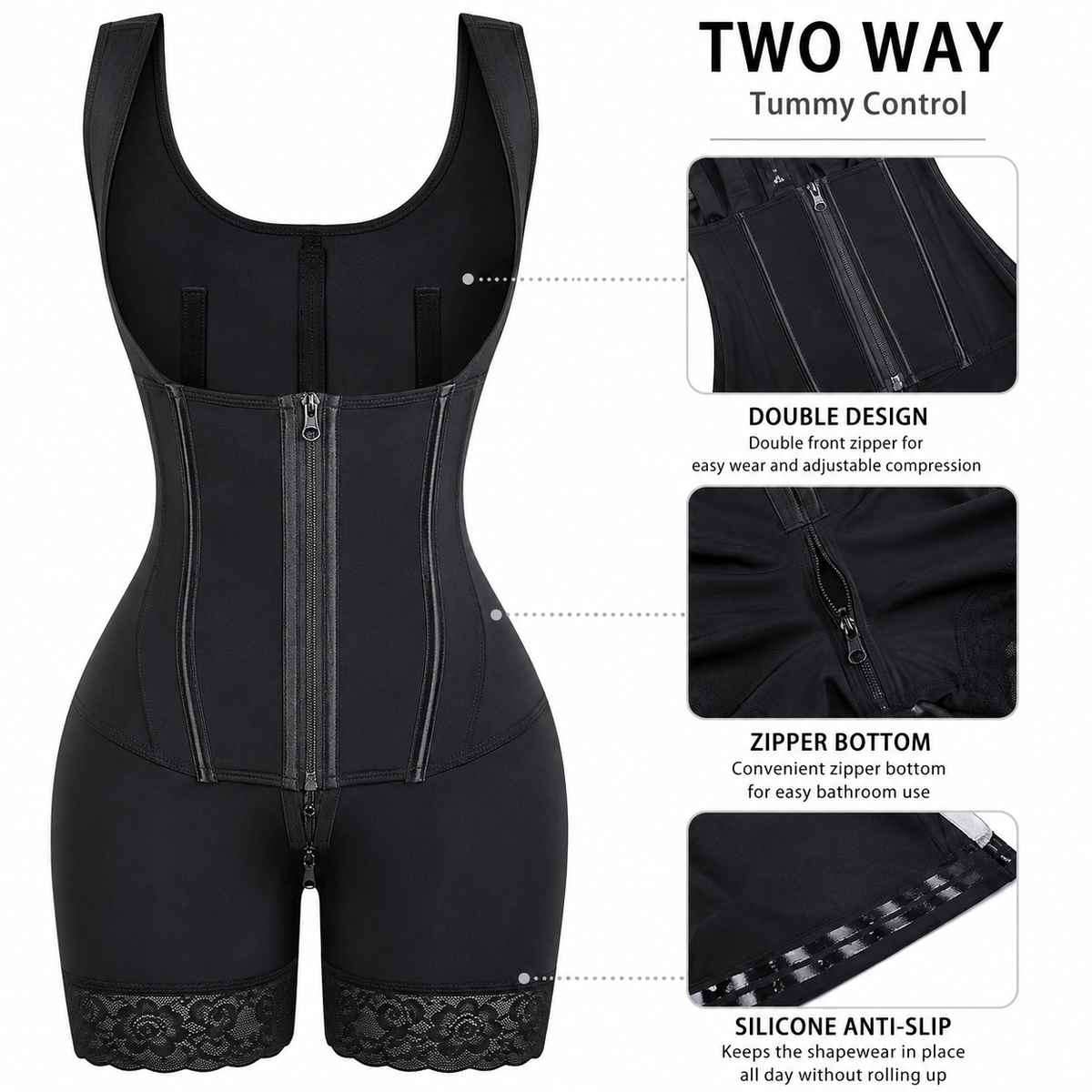 Firm Compression Body Shaper – Front Zipper & Triple Hook Closure