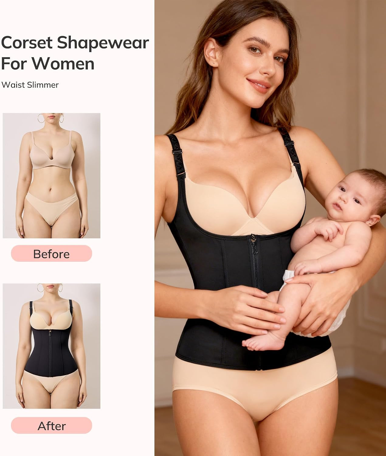 Waist Trainer for Women Corset Shapewear Tummy Control Body Shaper | Faja Waist Cincher with Adjustable Straps,Hook-Zipper Closure,Postpartum,Workout